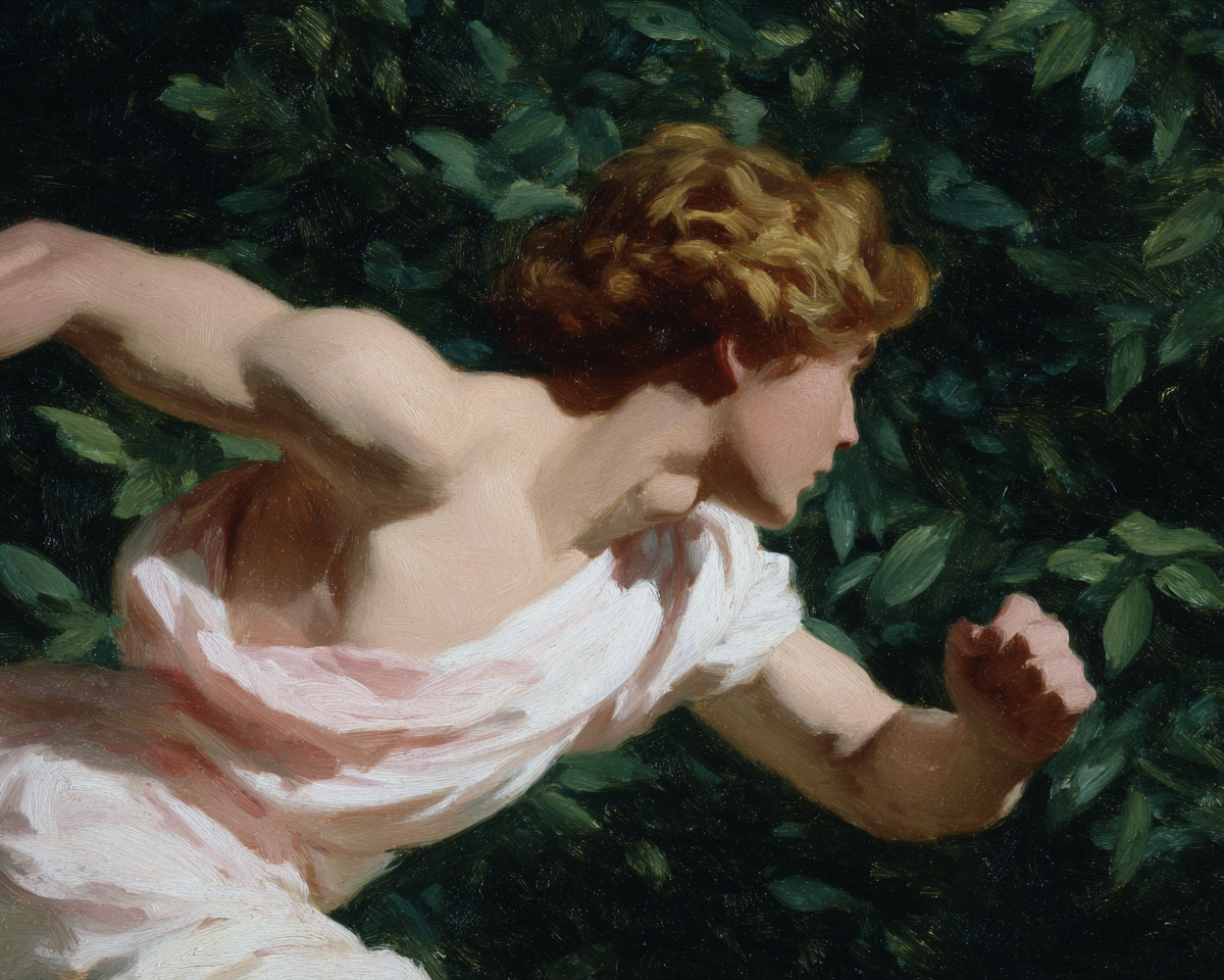 Classical painting of Adonis running through forest